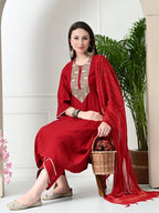 Myshka Women's Embroidered Keyhole Neck Bell Sleeves Kurta & Palazzos With Dupatta Sets in Red Colour