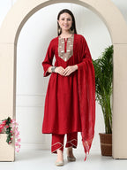 Myshka Women's Embroidered Keyhole Neck Bell Sleeves Kurta & Palazzos With Dupatta Sets in Red Colour