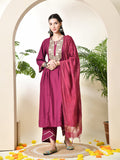 Myshka Women's Embroidered Keyhole Neck Bell Sleeves Kurta & Palazzos With Dupatta Sets in Magenta Colour
