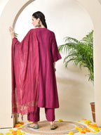 Myshka Women's Embroidered Keyhole Neck Bell Sleeves Kurta & Palazzos With Dupatta Sets in Magenta Colour