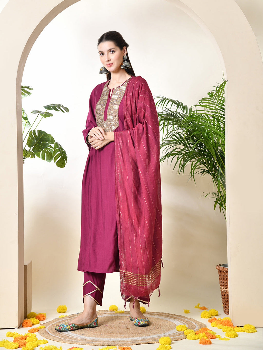 Myshka Women's Embroidered Keyhole Neck Bell Sleeves Kurta & Palazzos With Dupatta Sets in Magenta Colour