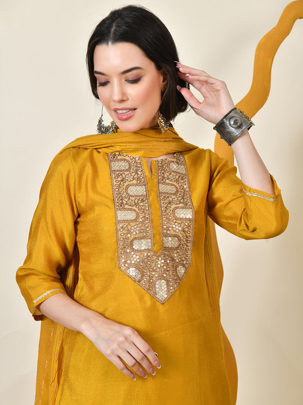Myshka Women's Embroidered Keyhole Neck Bell Sleeves Kurta & Palazzos With Dupatta Sets in Yellow Colour
