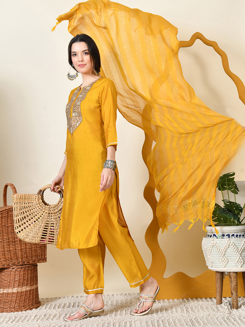 Myshka Women's Embroidered Keyhole Neck Bell Sleeves Kurta & Palazzos With Dupatta Sets in Yellow Colour