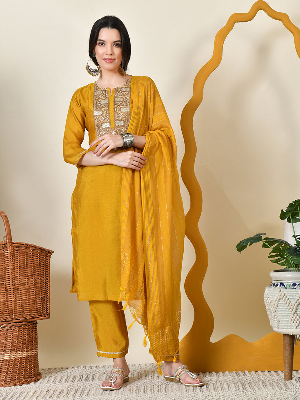 Myshka Women's Embroidered Keyhole Neck Bell Sleeves Kurta & Palazzos With Dupatta Sets in Yellow Colour
