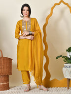 Myshka Women's Embroidered Keyhole Neck Bell Sleeves Kurta & Palazzos With Dupatta Sets in Yellow Colour