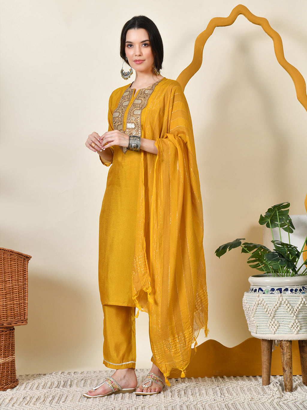 Myshka Women's Embroidered Keyhole Neck Bell Sleeves Kurta & Palazzos With Dupatta Sets in Yellow Colour