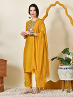 Myshka Women's Embroidered Keyhole Neck Bell Sleeves Kurta & Palazzos With Dupatta Sets in Yellow Colour