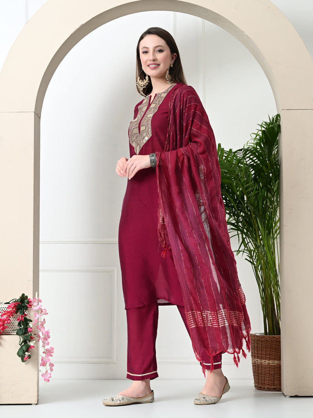 Myshka Women's Embroidered Keyhole Neck Bell Sleeves Kurta & Palazzos With Dupatta Sets in Magenta Colour