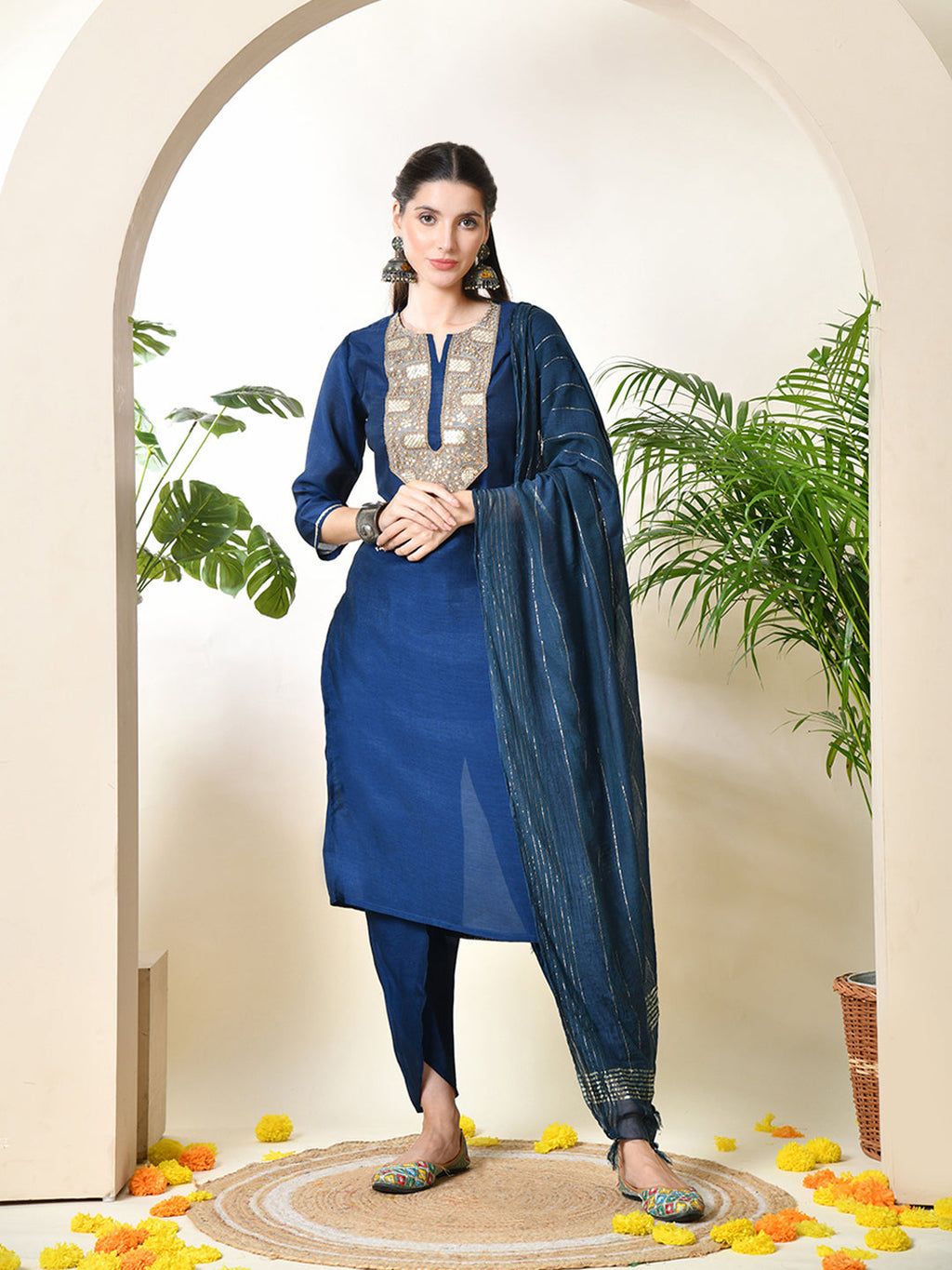 Myshka Women's Embroidered Keyhole Neck Bell Sleeves Kurta & Palazzos With Dupatta Sets in Navy Blue Colour