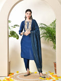 Myshka Women's Embroidered Keyhole Neck Bell Sleeves Kurta & Palazzos With Dupatta Sets in Navy Blue Colour