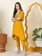 Myshka Women's Musterd Solid V-Neck Bell Sleeves Kurta & Dhoti Pants
