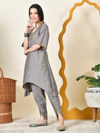 Myshka Women's Grey Solid V-Neck Bell Sleeves Kurta & Dhoti Pants
