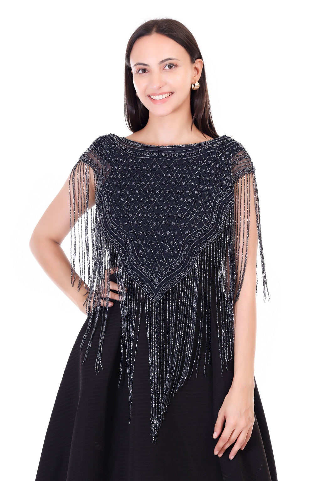 Jaitra Apparels Beads Navy Blue Embroidered Net Poncho - Distacart