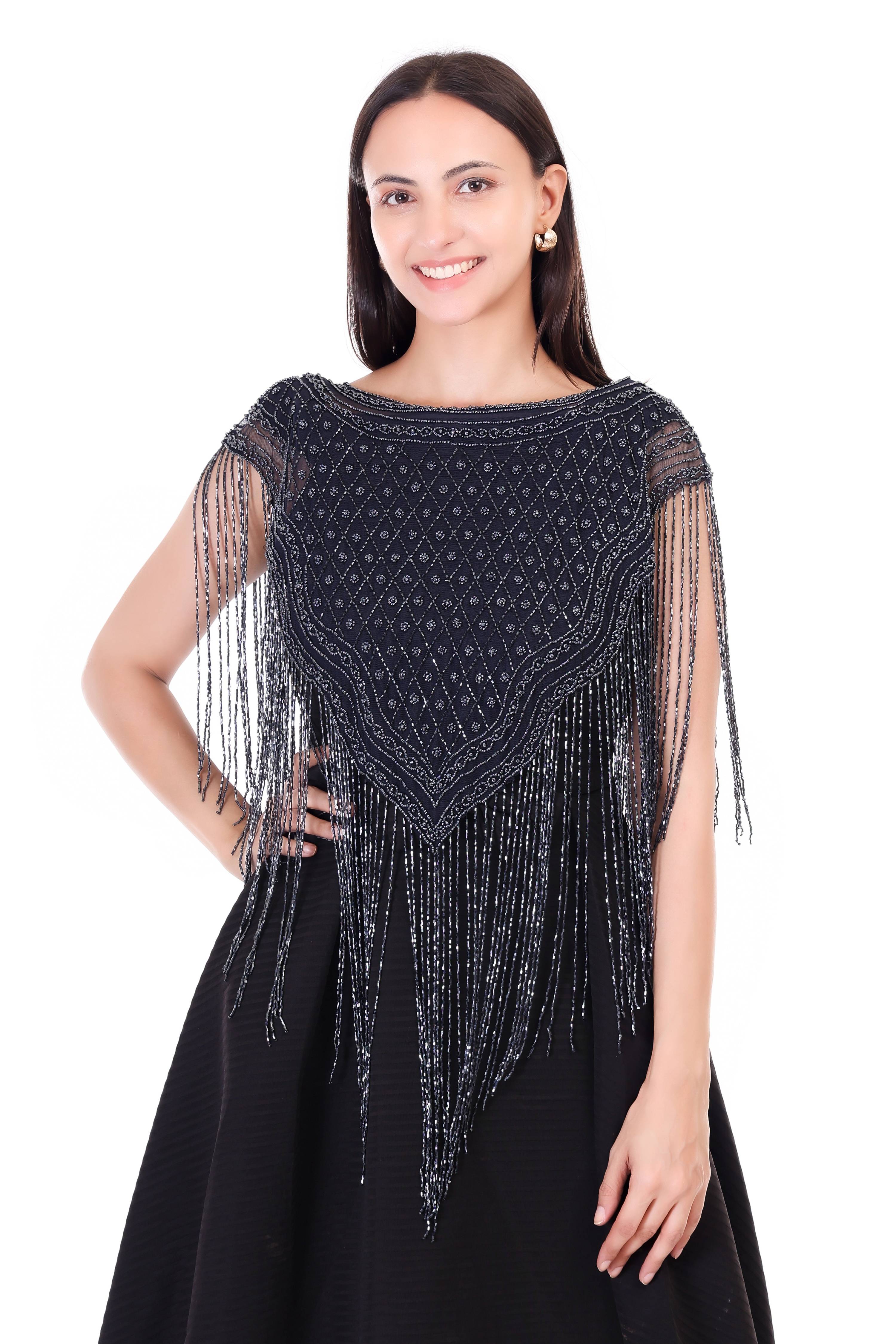 Jaitra Apparels Beads Navy Blue Embroidered Net Poncho - Distacart