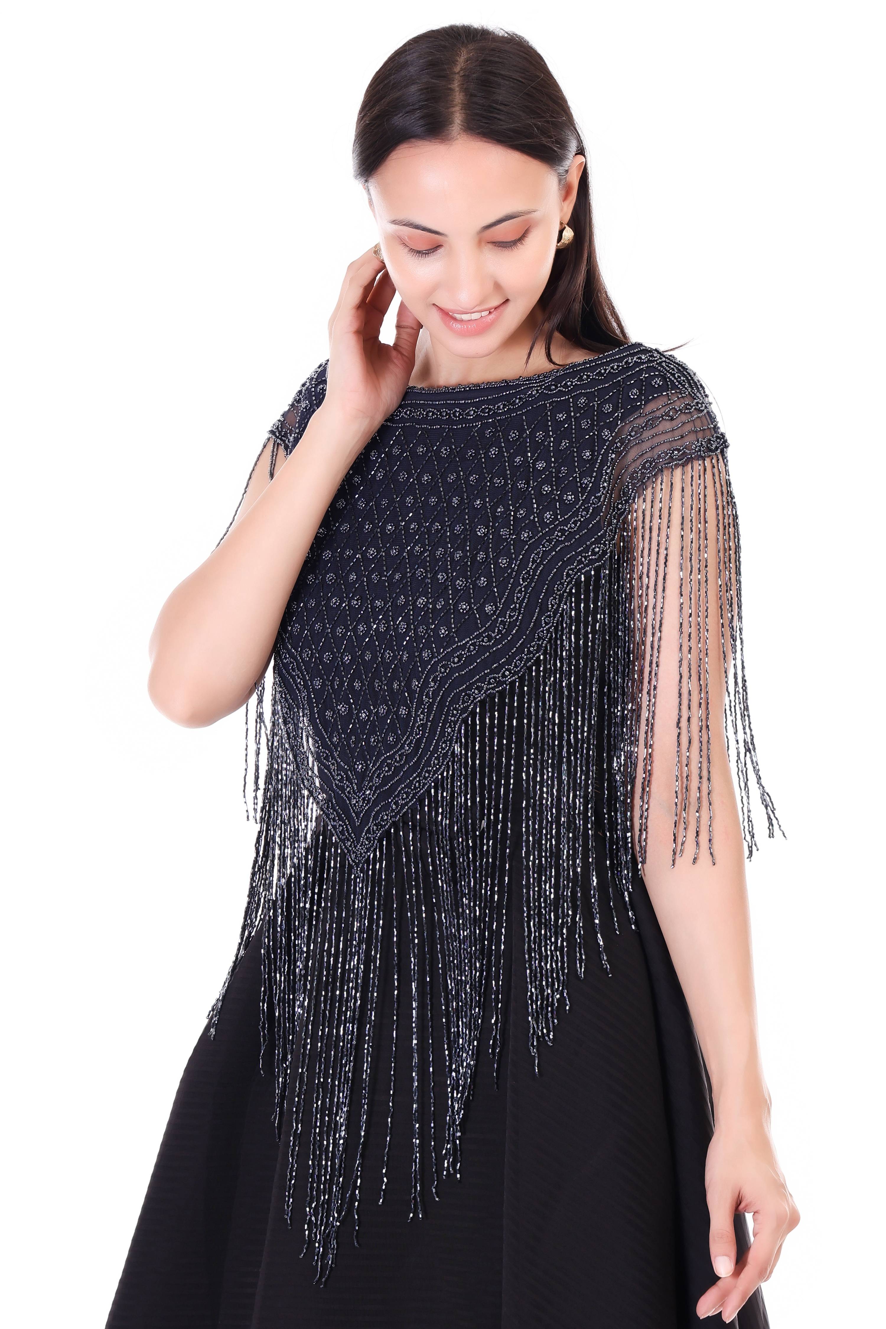 Jaitra Apparels Beads Navy Blue Embroidered Net Poncho - Distacart