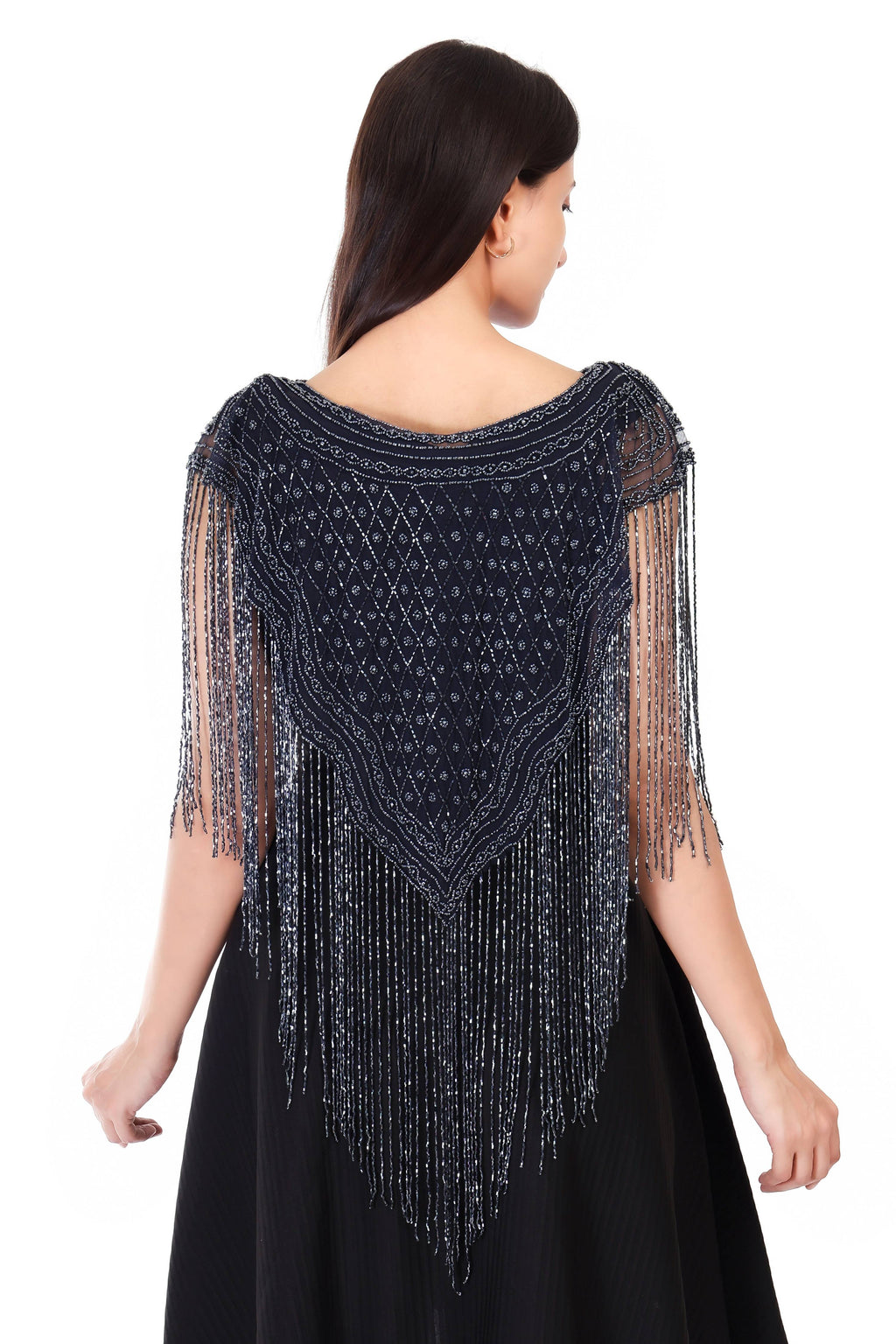 Jaitra Apparels Beads Navy Blue Embroidered Net Poncho - Distacart