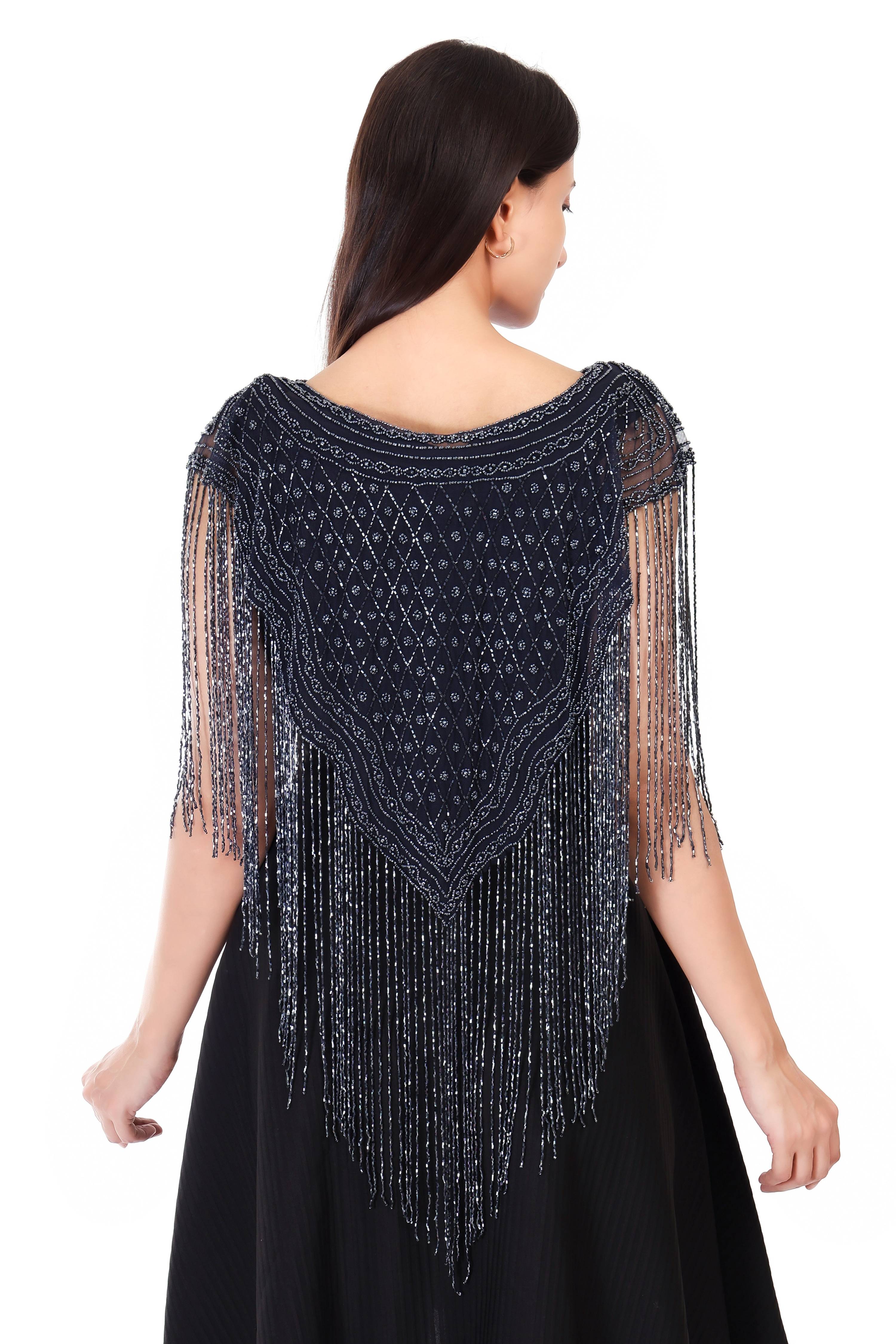 Jaitra Apparels Beads Navy Blue Embroidered Net Poncho - Distacart
