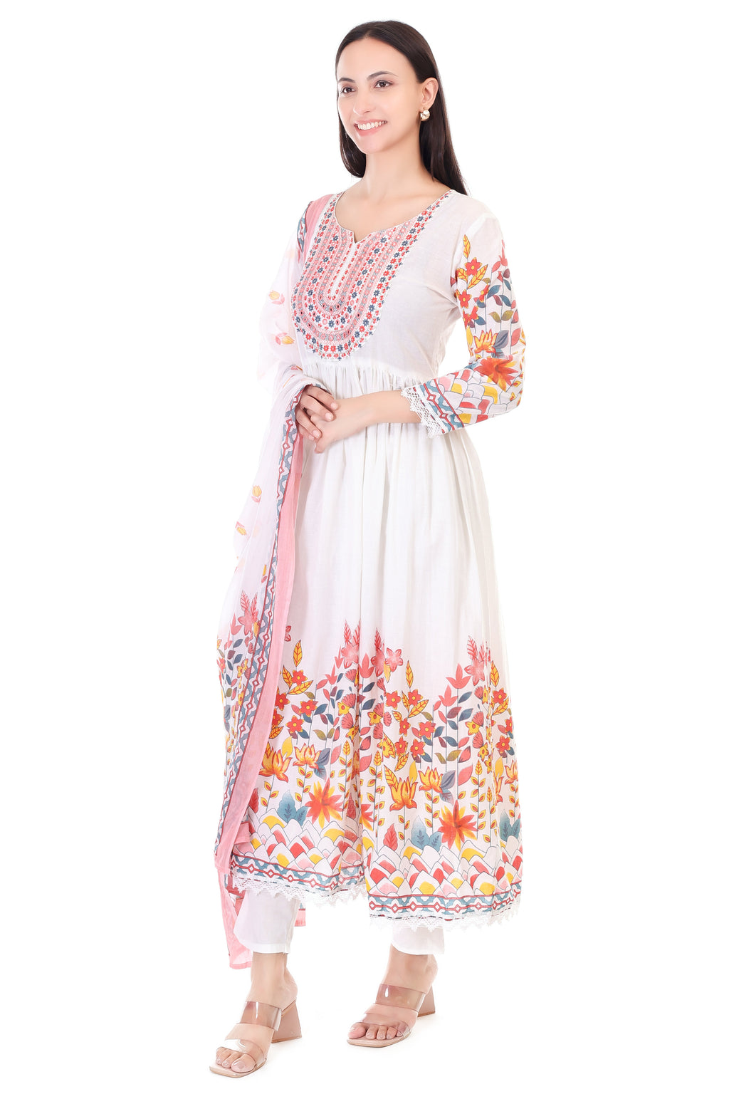 Jaitra Apparels Off White Embroidered Pure Cotton Kurta Set With Dupatta - Distacart