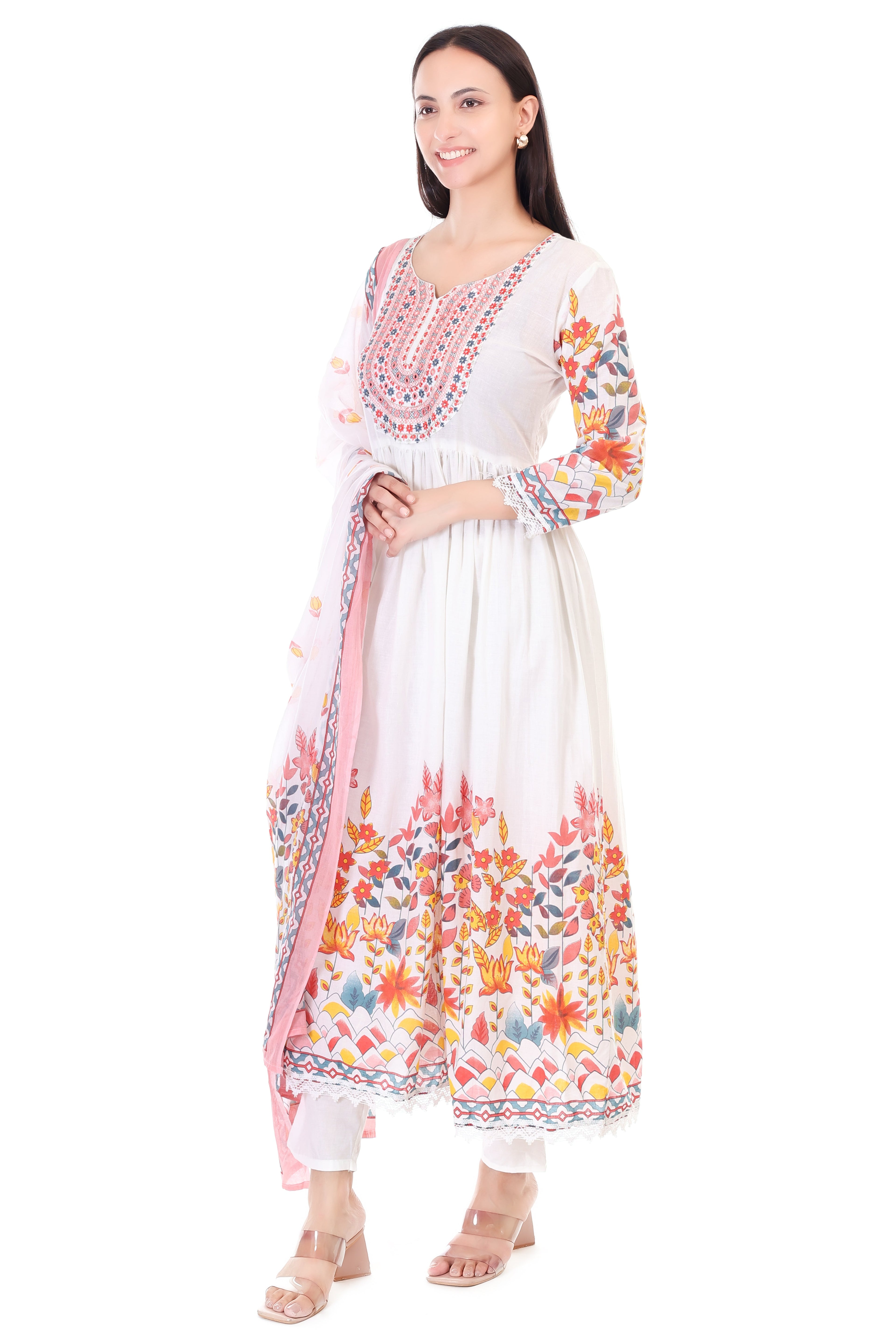 Jaitra Apparels Off White Embroidered Pure Cotton Kurta Set With Dupatta - Distacart