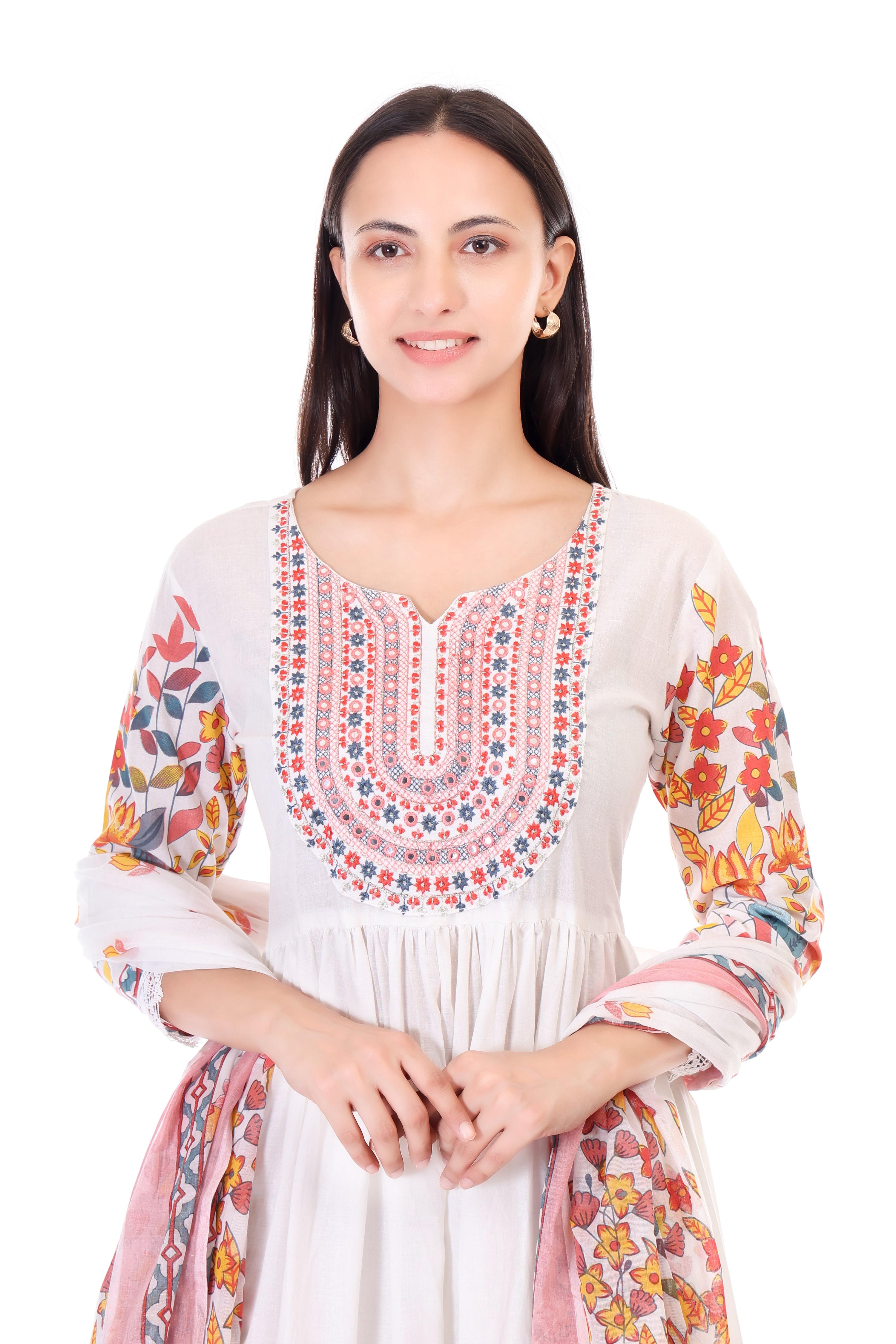 Jaitra Apparels Off White Embroidered Pure Cotton Kurta Set With Dupatta - Distacart