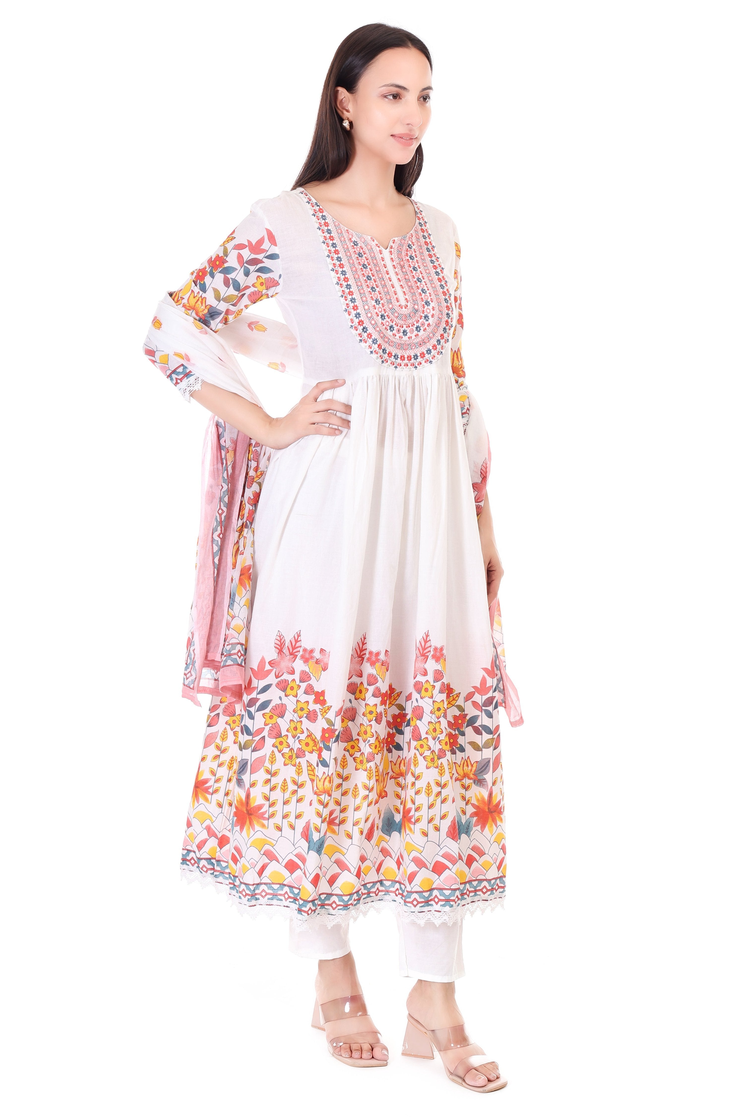 Jaitra Apparels Off White Embroidered Pure Cotton Kurta Set With Dupatta - Distacart