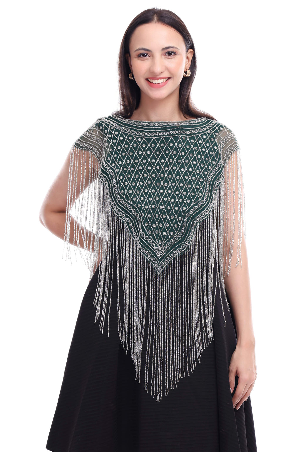 Jaitra Apparels Green Beads Embroidered Net Poncho - Distacart