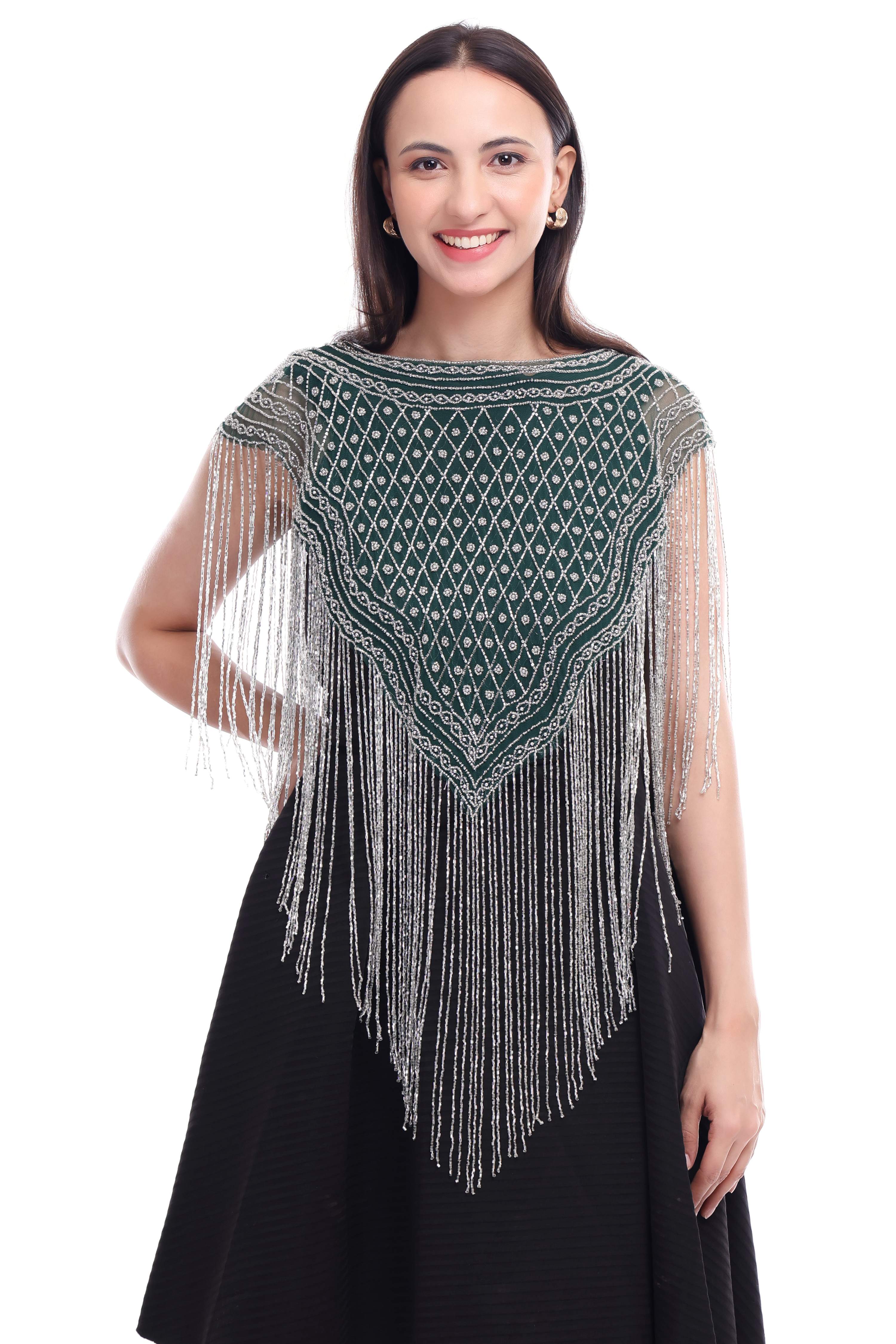 Jaitra Apparels Green Beads Embroidered Net Poncho - Distacart
