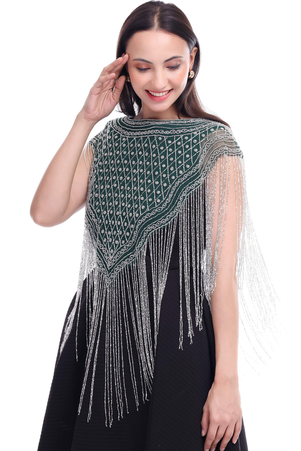 Jaitra Apparels Green Beads Embroidered Net Poncho - Distacart