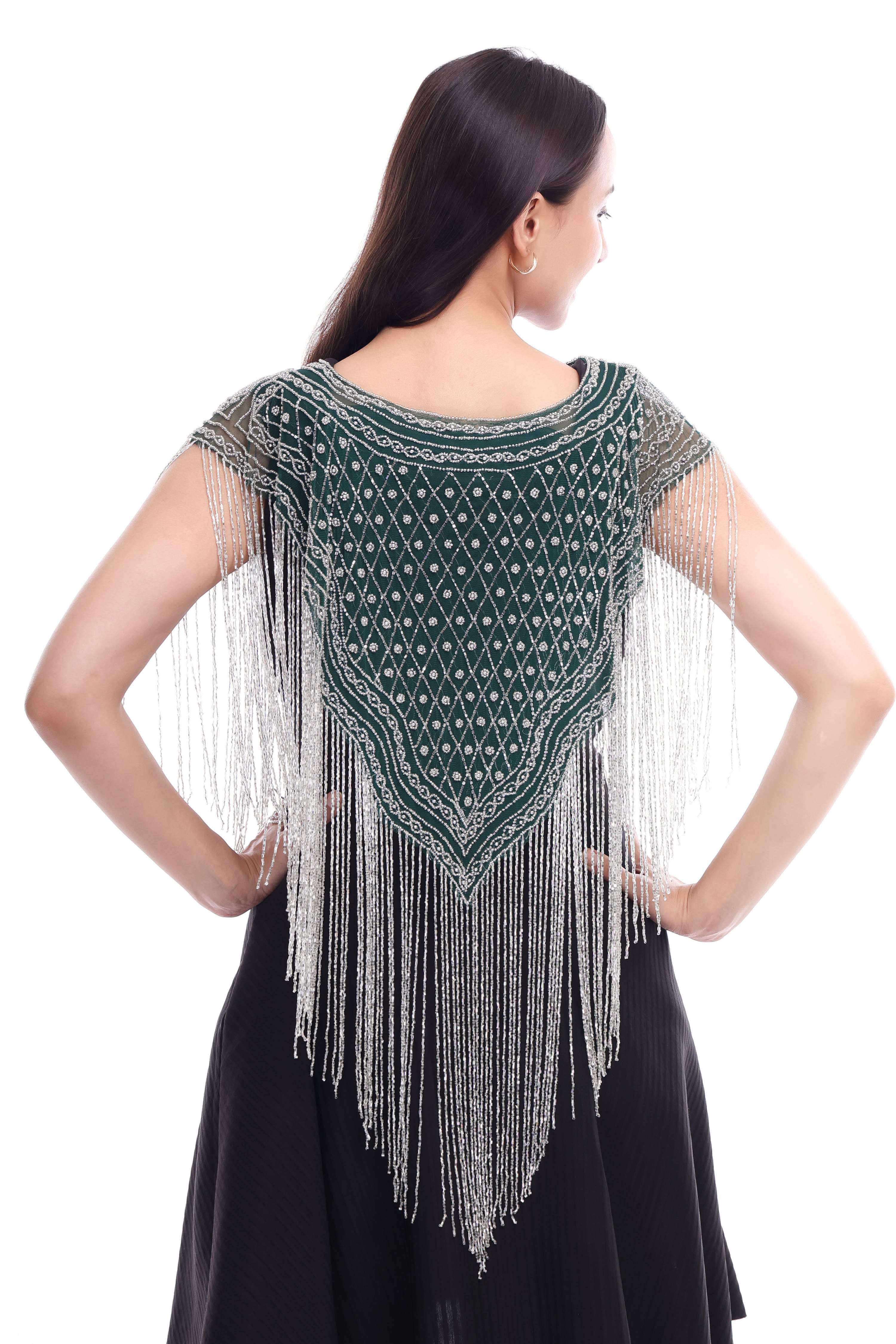 Jaitra Apparels Green Beads Embroidered Net Poncho - Distacart
