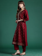 Indo Era Maroon Embroidered Straight Kurta Trousers With Dupatta set - Distacart