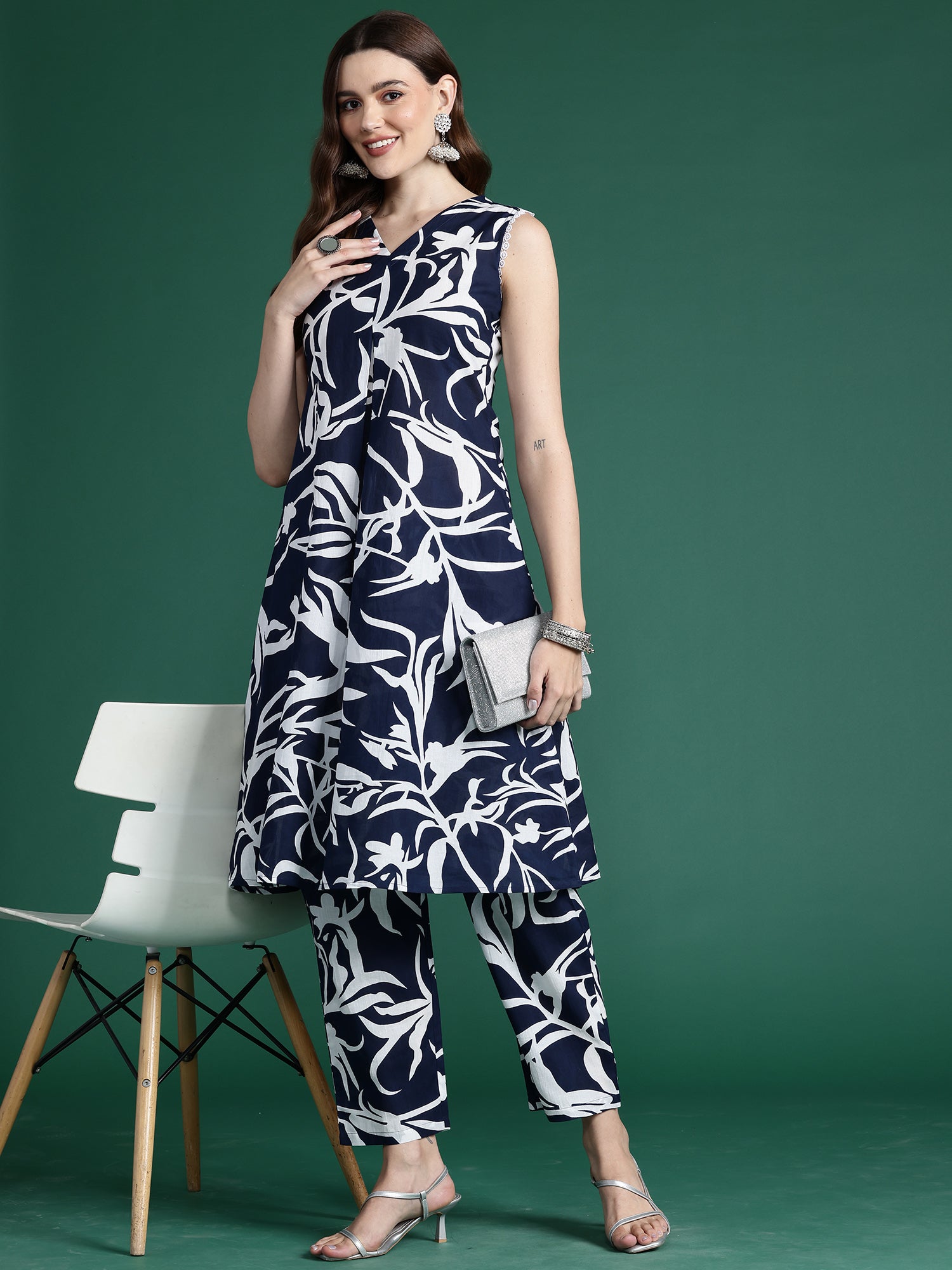 Indo Era Blue Printed A-Line Kurta Trousers set - Distacart