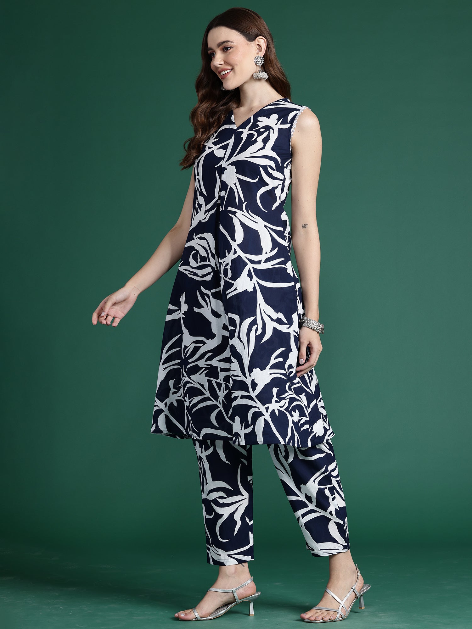 Indo Era Blue Printed A-Line Kurta Trousers set - Distacart