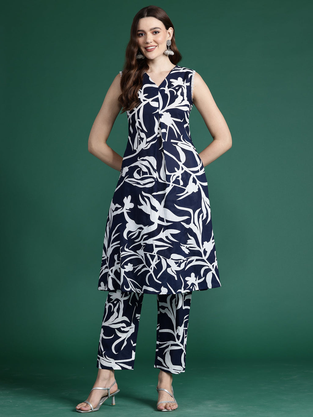Indo Era Blue Printed A-Line Kurta Trousers set - Distacart