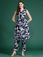 Indo Era Blue Printed A-Line Kurta Trousers set - Distacart