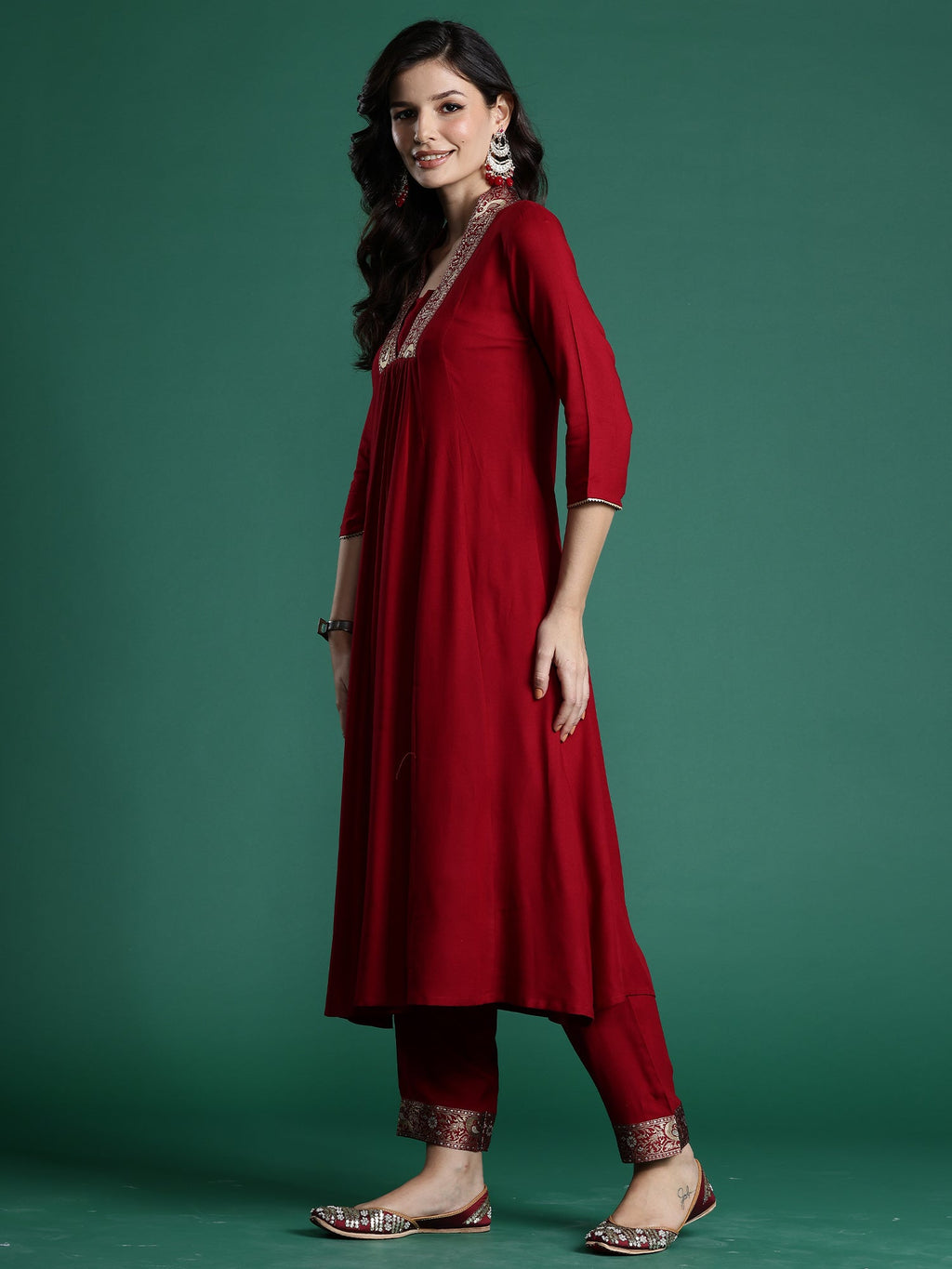 Indo Era Maroon Woven Design A-Line Kurta Trousers Set - Distacart