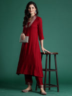 Indo Era Maroon Woven Design A-Line Kurta Trousers Set - Distacart