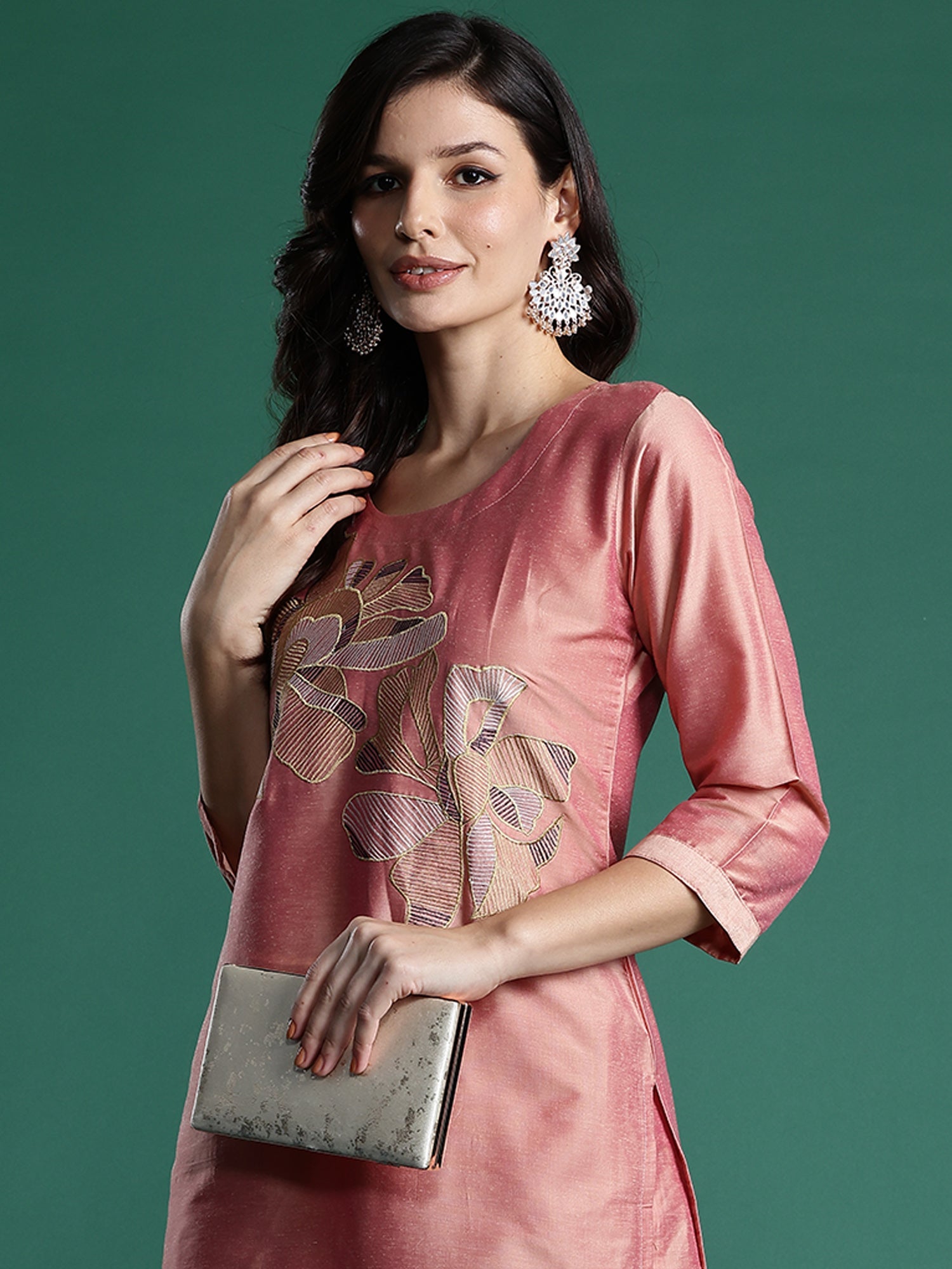 Indo Era Peach Embroidered Straight Kurta Trousers set - Distacart