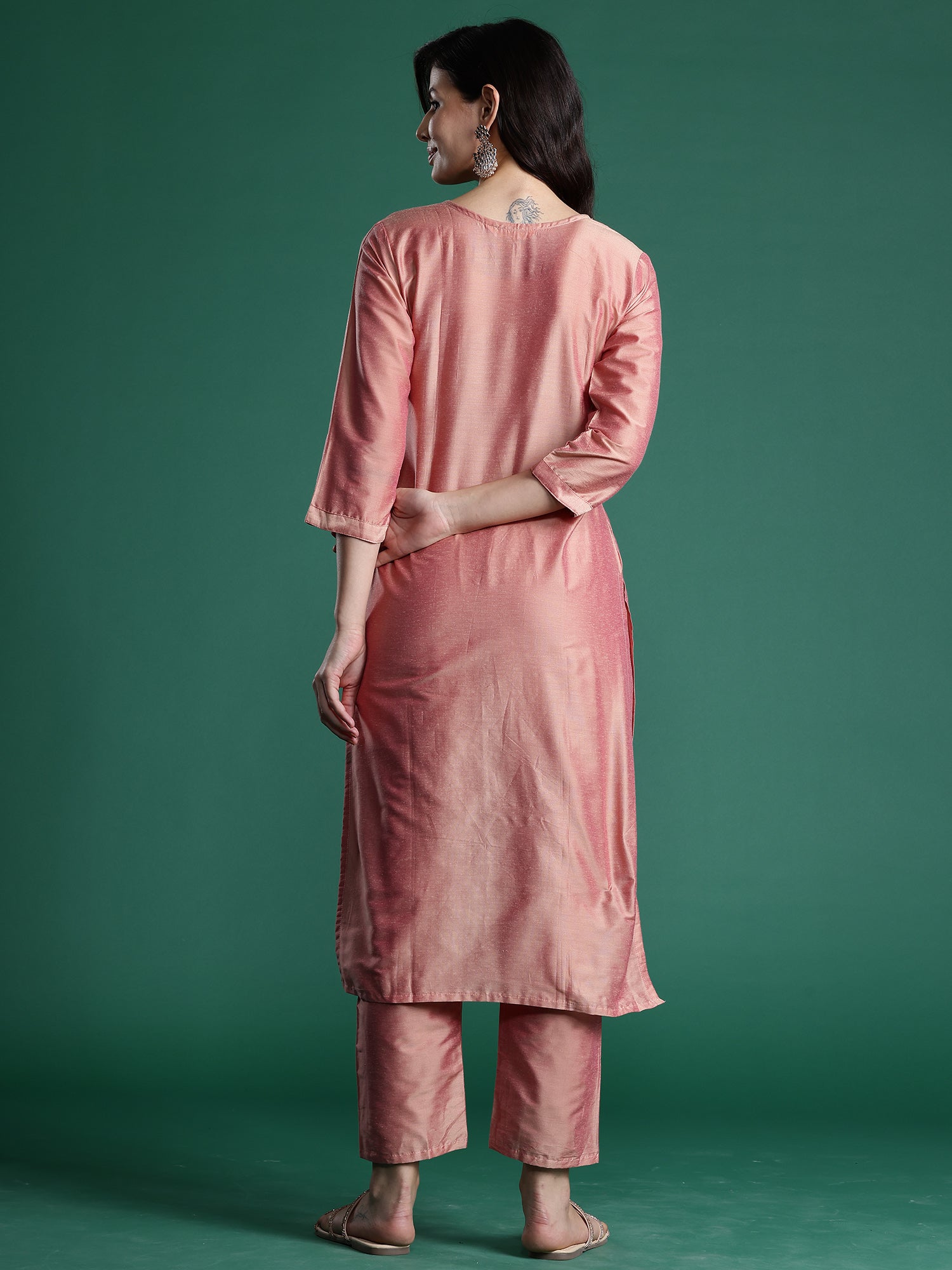 Indo Era Peach Embroidered Straight Kurta Trousers set - Distacart