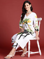 Indo Era White Printed Straight Kurta Trousers set - Distacart