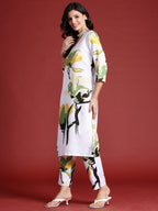 Indo Era White Printed Straight Kurta Trousers set - Distacart