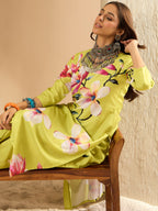 Indo Era Olive Printed Straight Kurta Trousers Set - Distacart