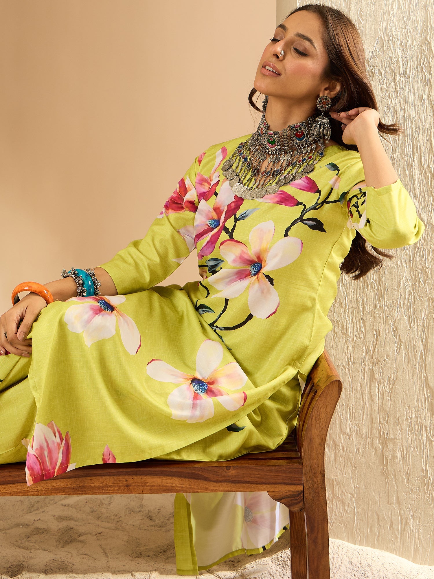 Indo Era Olive Printed Straight Kurta Trousers Set - Distacart