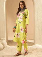 Indo Era Olive Printed Straight Kurta Trousers Set - Distacart