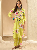 Indo Era Olive Printed Straight Kurta Trousers Set - Distacart