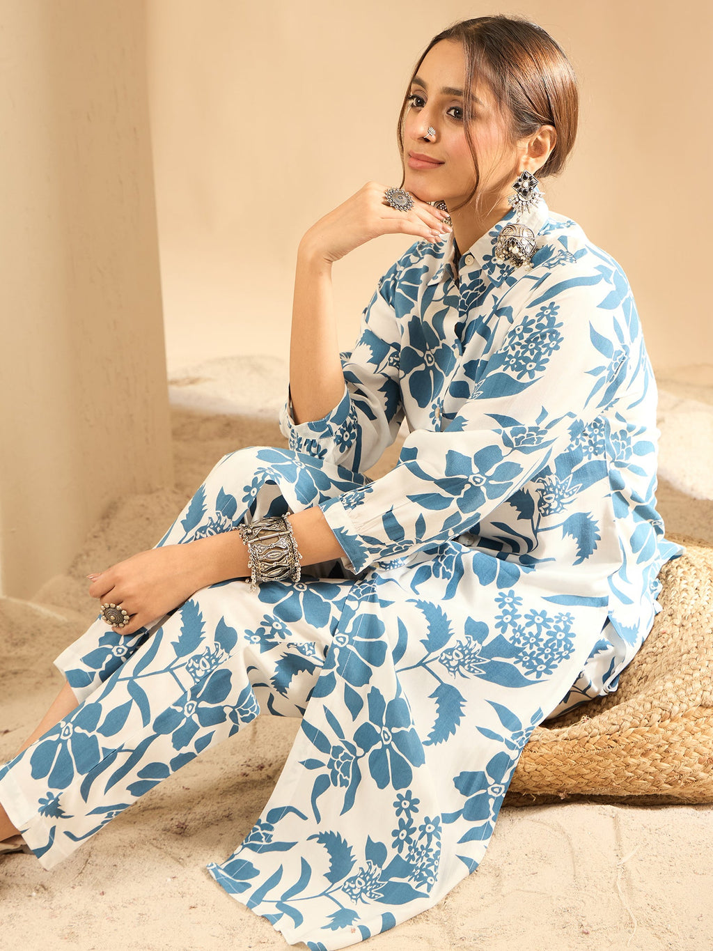 Indo Era White Printed Straight Kurta Trousers set - Distacart