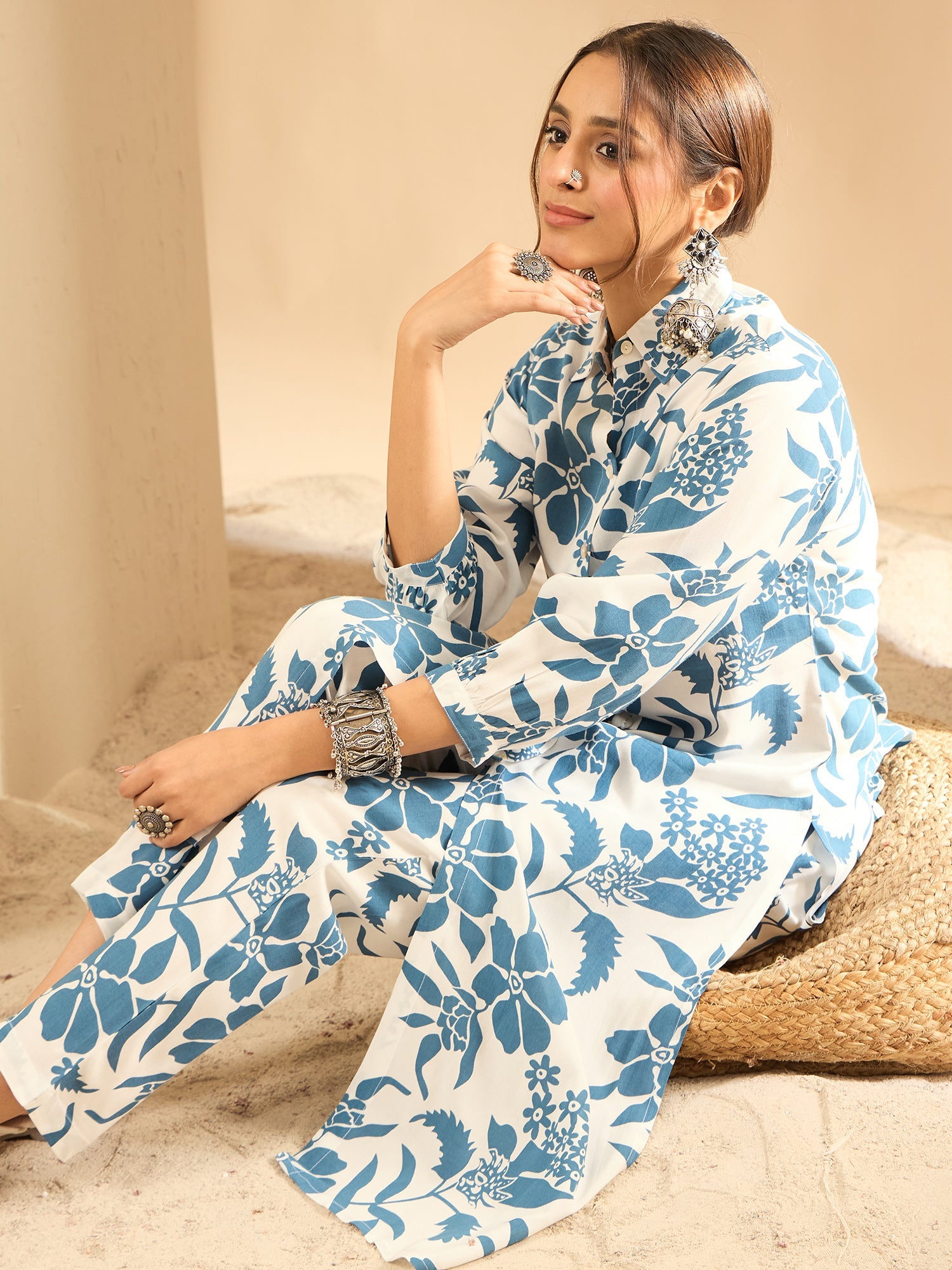 Indo Era White Printed Straight Kurta Trousers set - Distacart