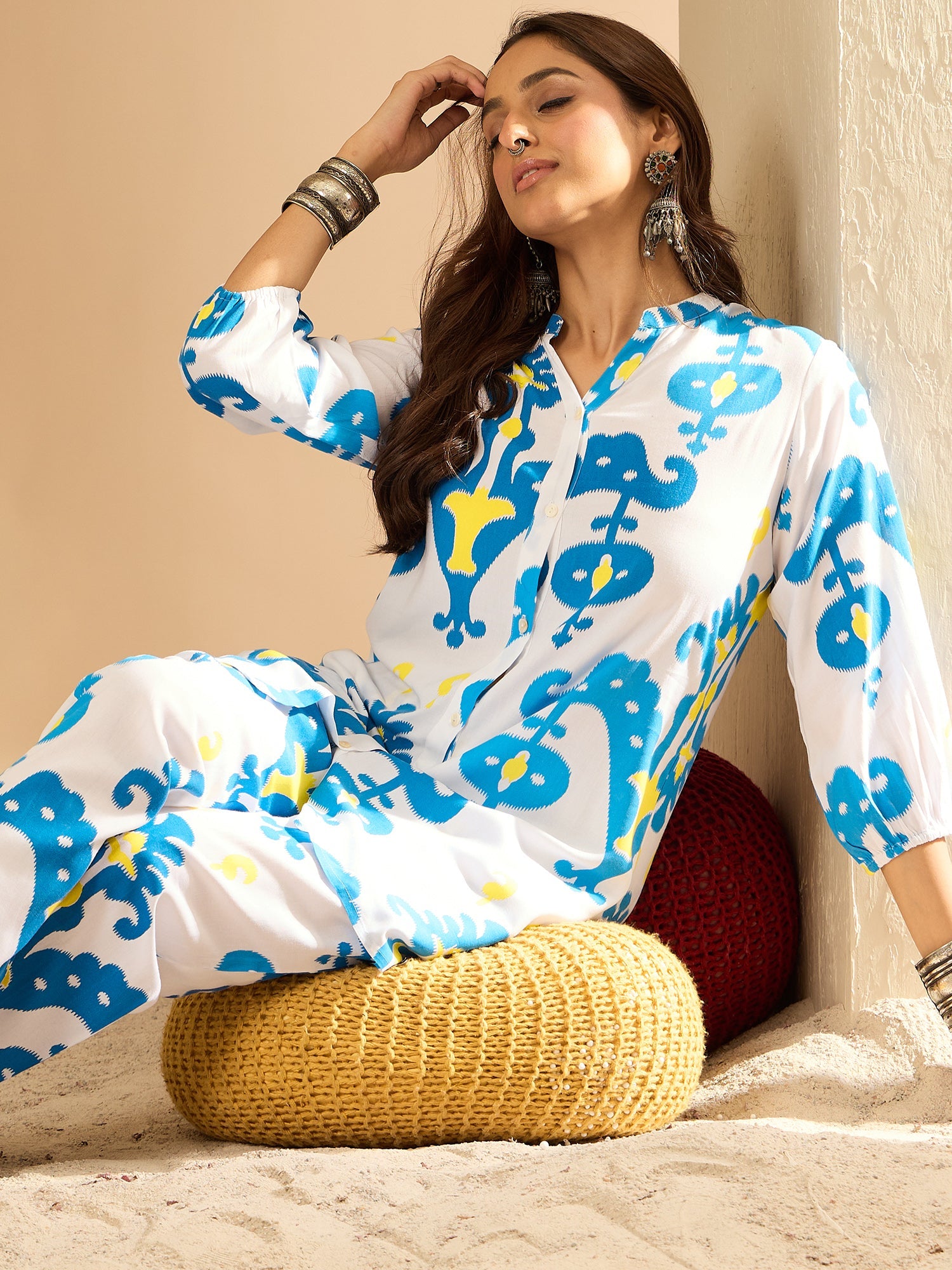 Indo Era White Printed Straight Kurta Trousers set - Distacart