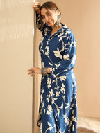 Indo Era Blue Printed Straight Kurta Trousers set - Distacart