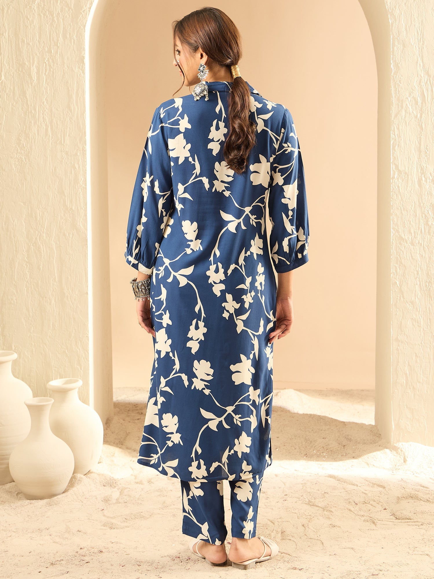 Indo Era Blue Printed Straight Kurta Trousers set - Distacart