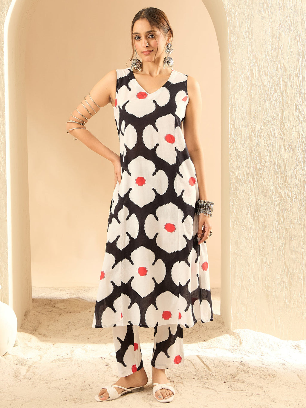 Indo Era Black Printed A-Line Kurta Trousers set - Distacart